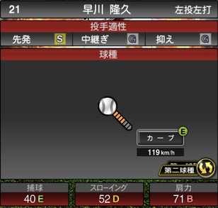 プロスピA早川隆久2021シリーズ2の第二球種のステータス